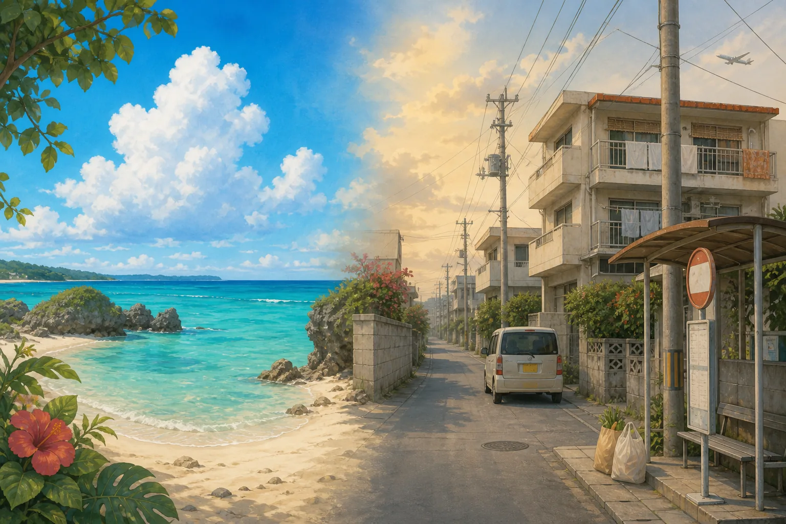 沖縄の美しい海と住宅地の日常生活を対比したイラスト