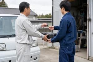 仕事の車の鍵と道具箱を後継者へ渡す自営業者