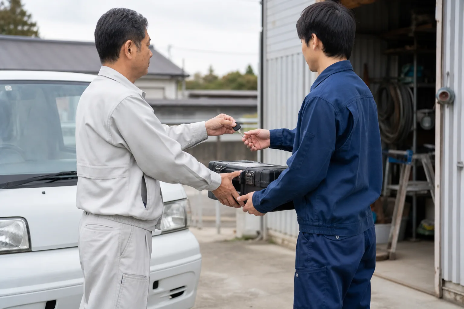 仕事の車の鍵と道具箱を後継者へ渡す自営業者