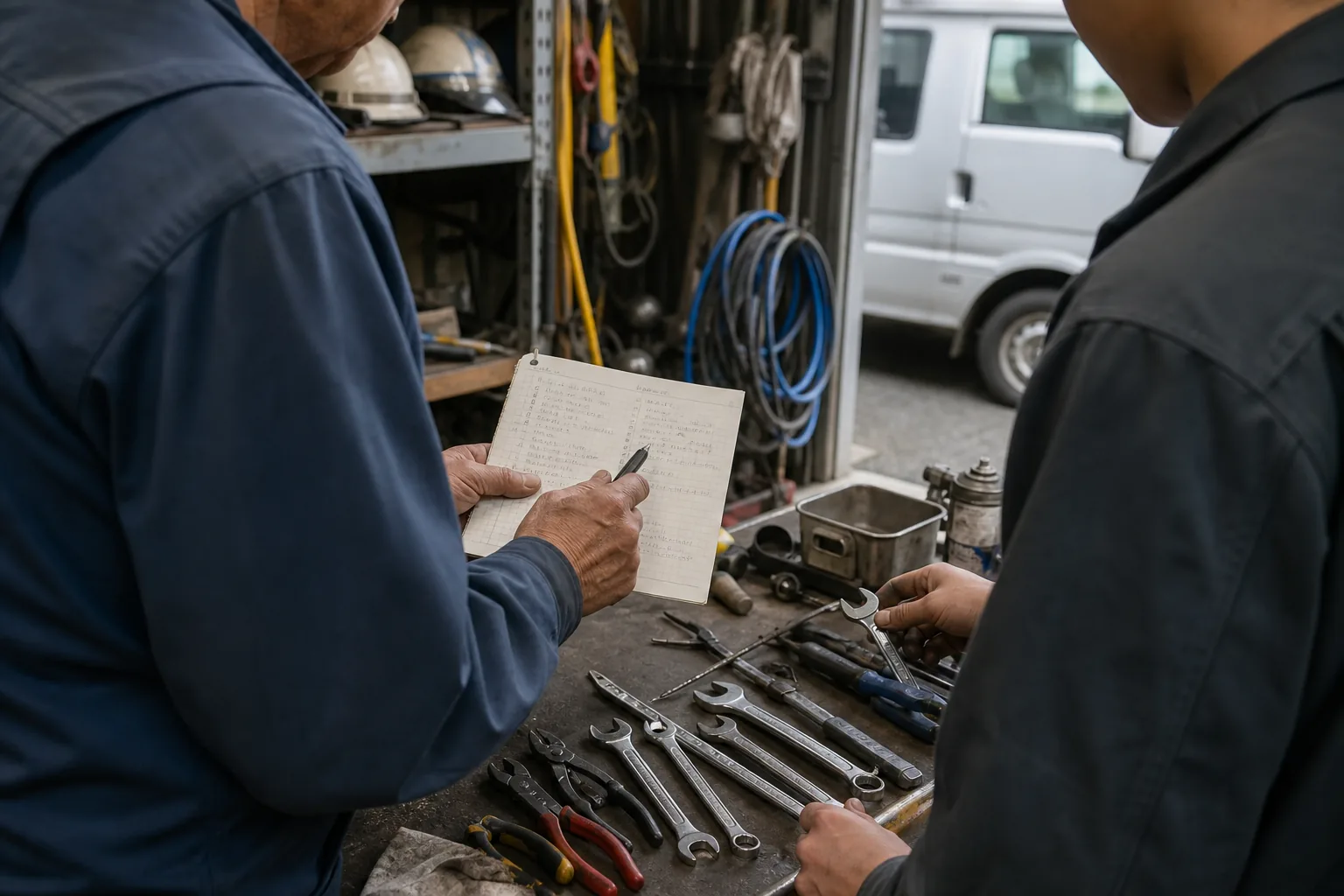 道具と手順を確認しながら仕事を引き継ぐ二人の作業者