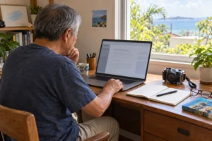 沖縄の自宅でノートを開き、パソコンを使って文章を作る60代男性