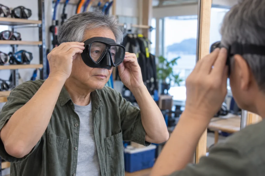 ダイビング用品店で二眼マスクを顔に当ててフィットを確かめる60代