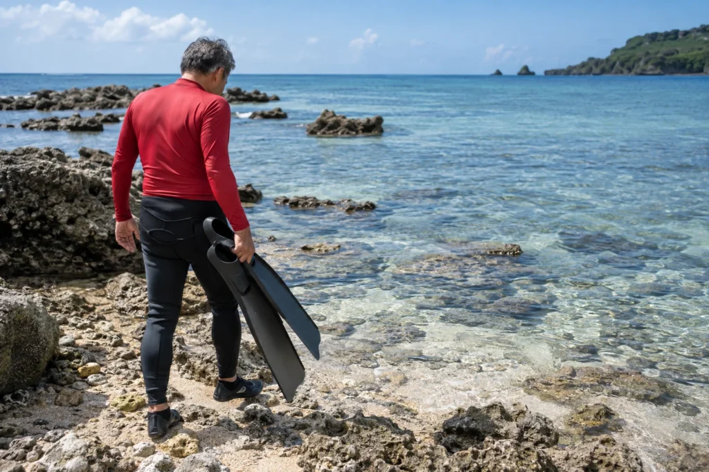 沖縄の海辺でロングフィンを持ち足元を確認する60代のスキンダイバー