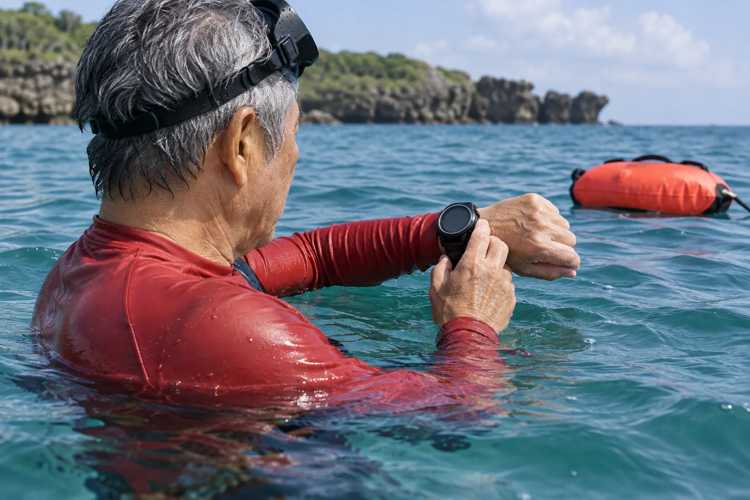 赤いラッシュガードを着た60代が海面で黒いダイブウォッチを確認する場面
