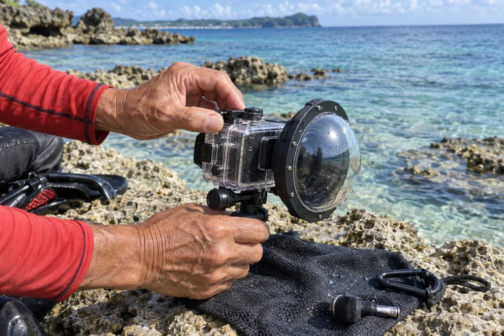 沖縄の海辺でGoPro型のアクションカメラと水中ワイドレンズを準備する60代の手元