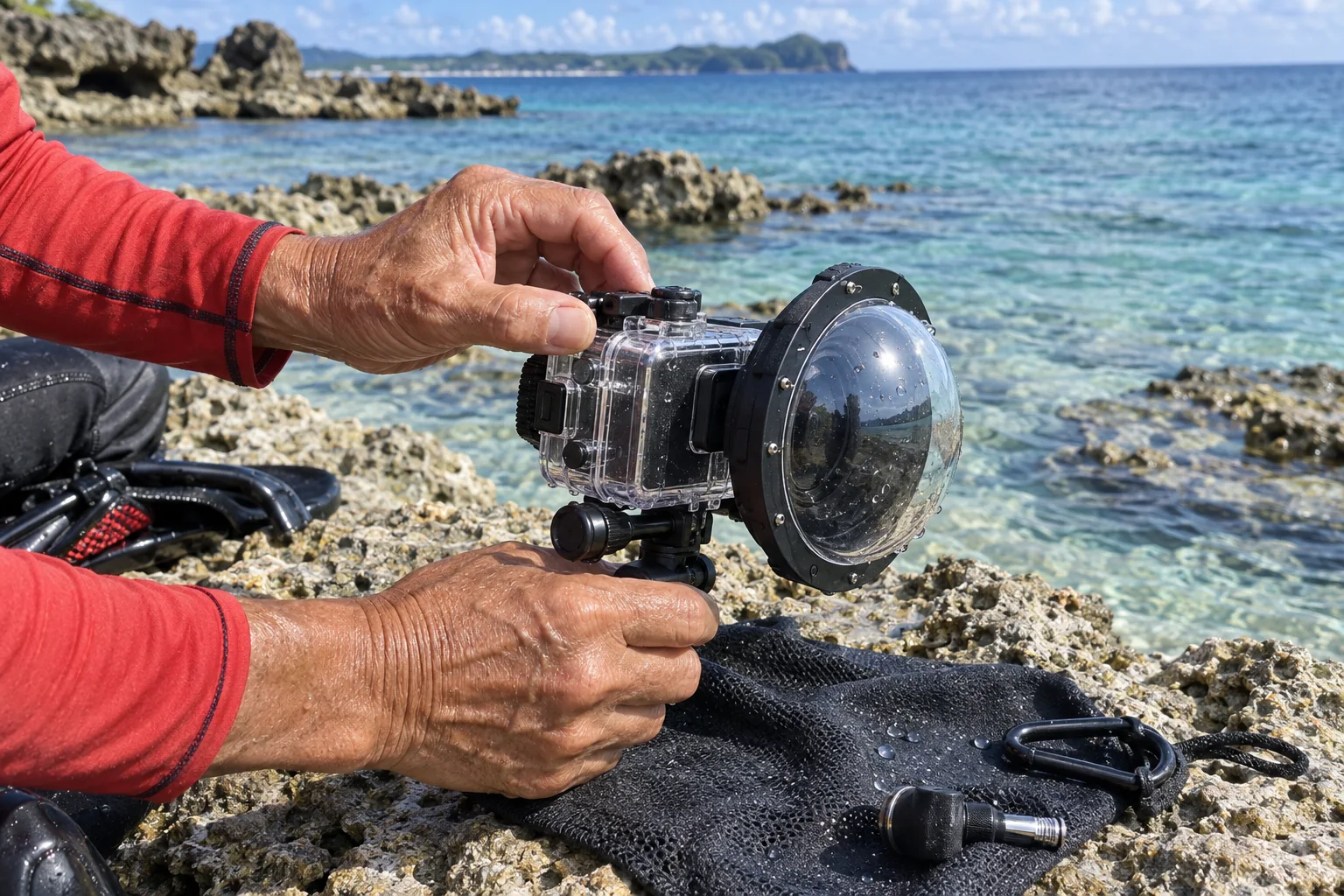 沖縄の海辺でGoPro型のアクションカメラと水中ワイドレンズを準備する60代の手元