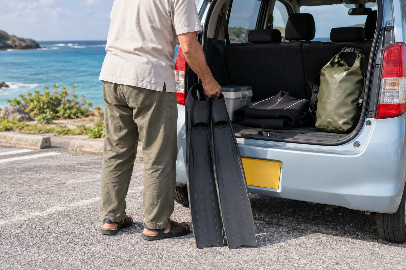 軽自動車に海の道具を載せる前に、長さと置き場所を確かめる様子