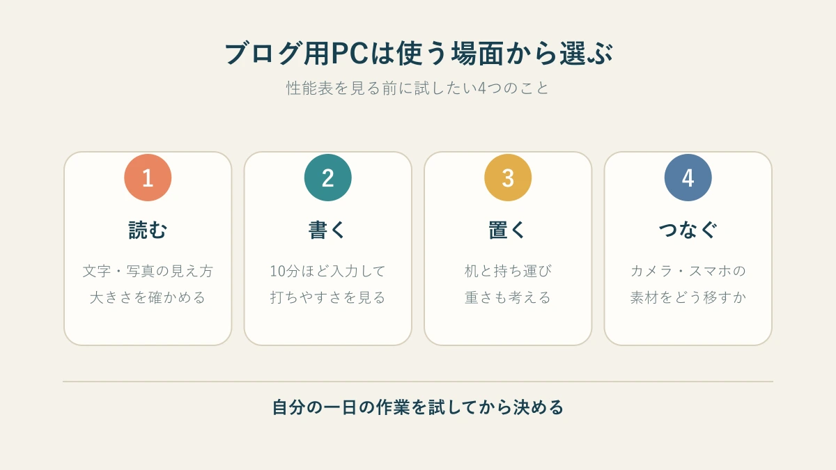 ブログ用パソコンを選ぶ際の画面・入力・置き場所・実機確認を示す図
