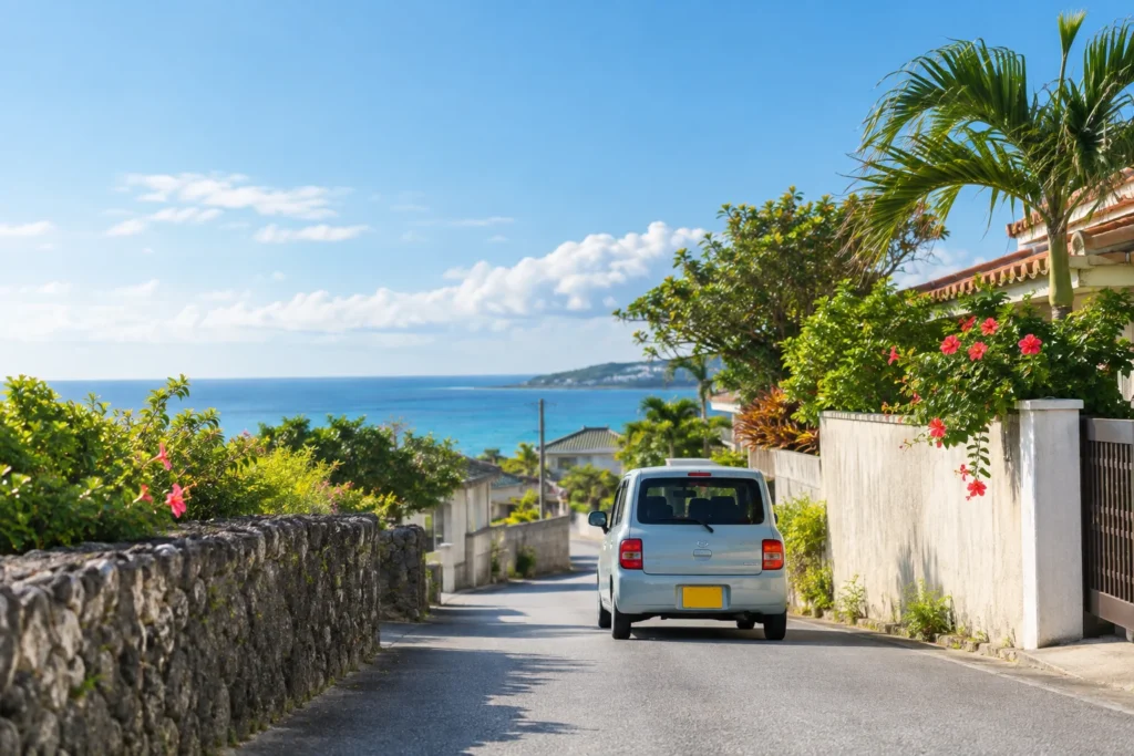 沖縄の住宅街の細い道を走る小さな車と、海へ向かう暮らしの風景