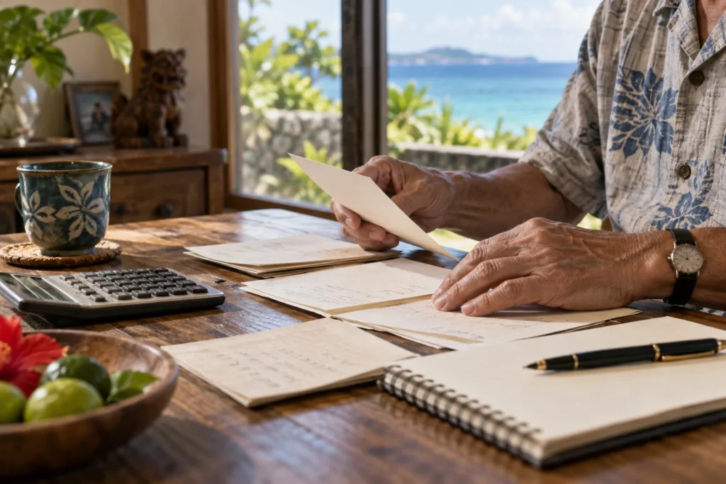 沖縄移住を考えながら家計のメモを整理する60代の手元