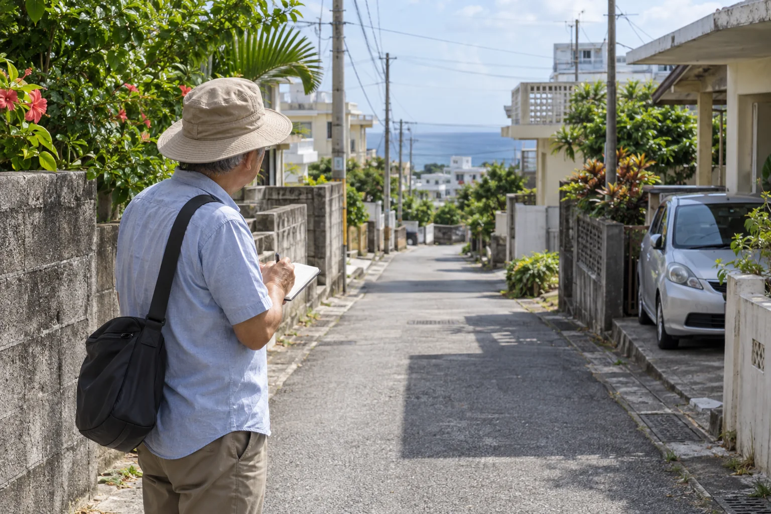 沖縄移住の候補となる住宅地をノートを持って歩いて確認する60代