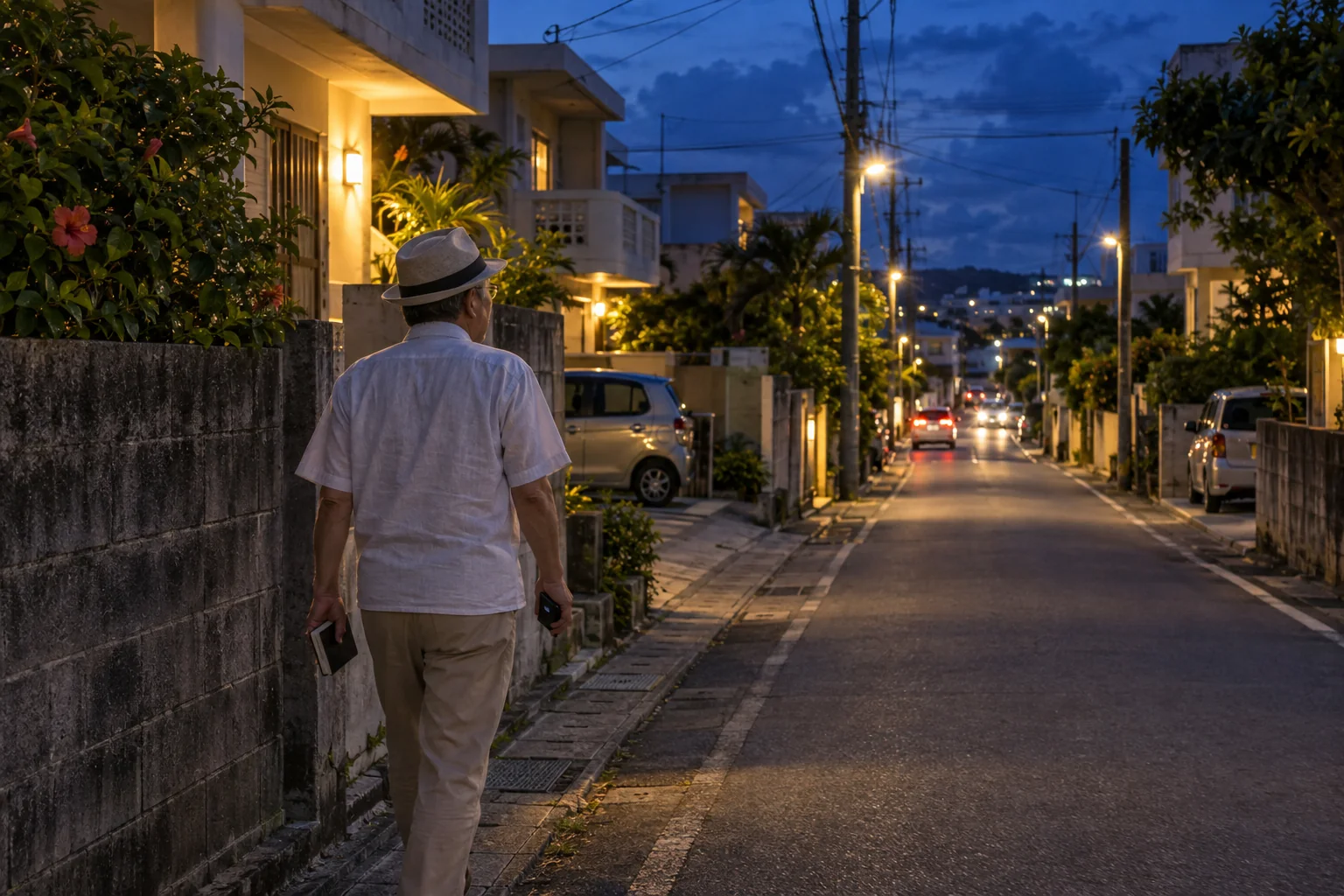 沖縄移住の候補となる住宅地を夜に歩き、街灯や交通量を確認する60代