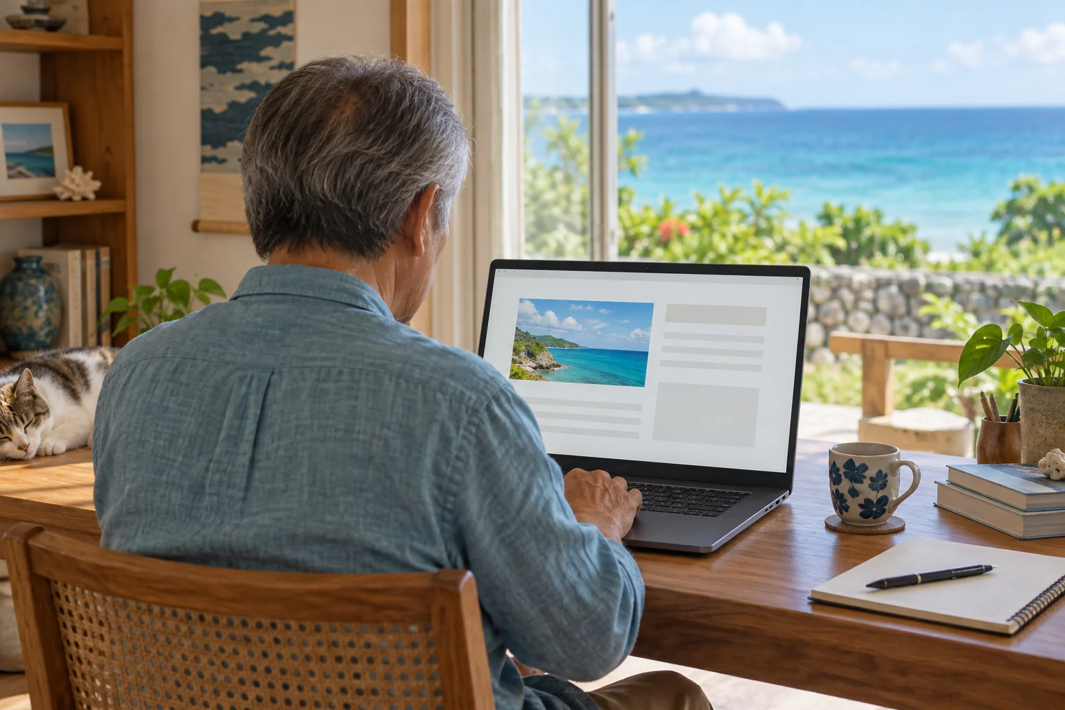 大きなノートパソコンでブログを書こうとしている60代の手元