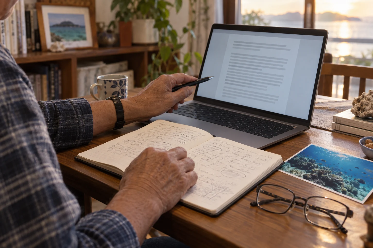 AIが作った下書きと、自分の体験を書いたノートを照らし合わせる60代の手元