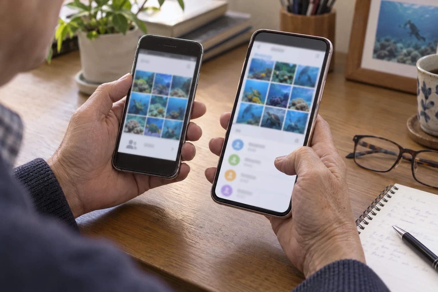 スマートフォンを乗り換える前に写真と連絡先の保存先を確認する60代の手元