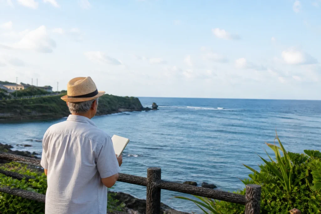 沖縄の海を前に人生後半を考える60代男性の後ろ姿