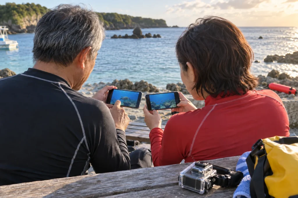 沖縄の海から戻り仲間とスマートフォンの撮影動画を確認する60代のスキンダイバー