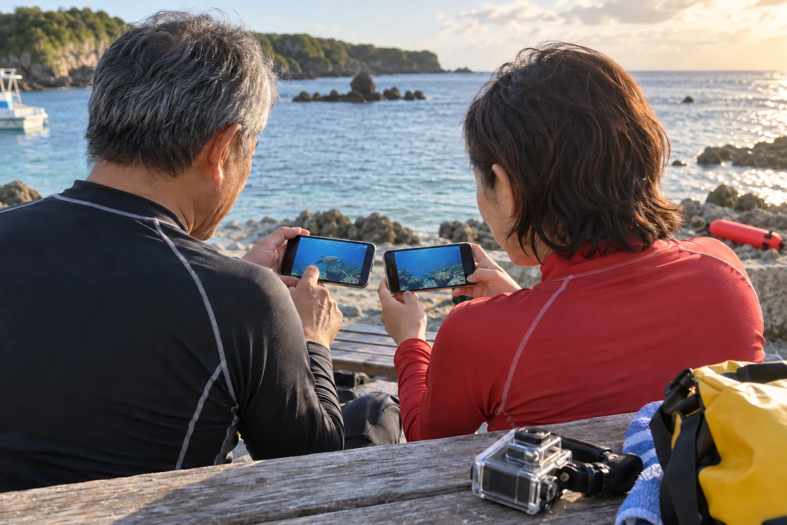 沖縄の海から戻り仲間とスマートフォンの撮影動画を確認する60代のスキンダイバー