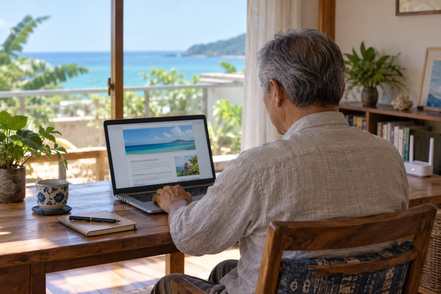 沖縄の自宅でノートパソコンを使いブログを書く60代のイメージ