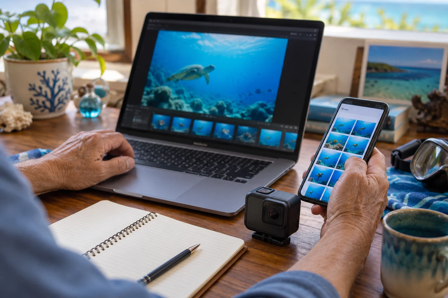 海の映像をノートパソコンとスマートフォンで整理する手元のイメージ