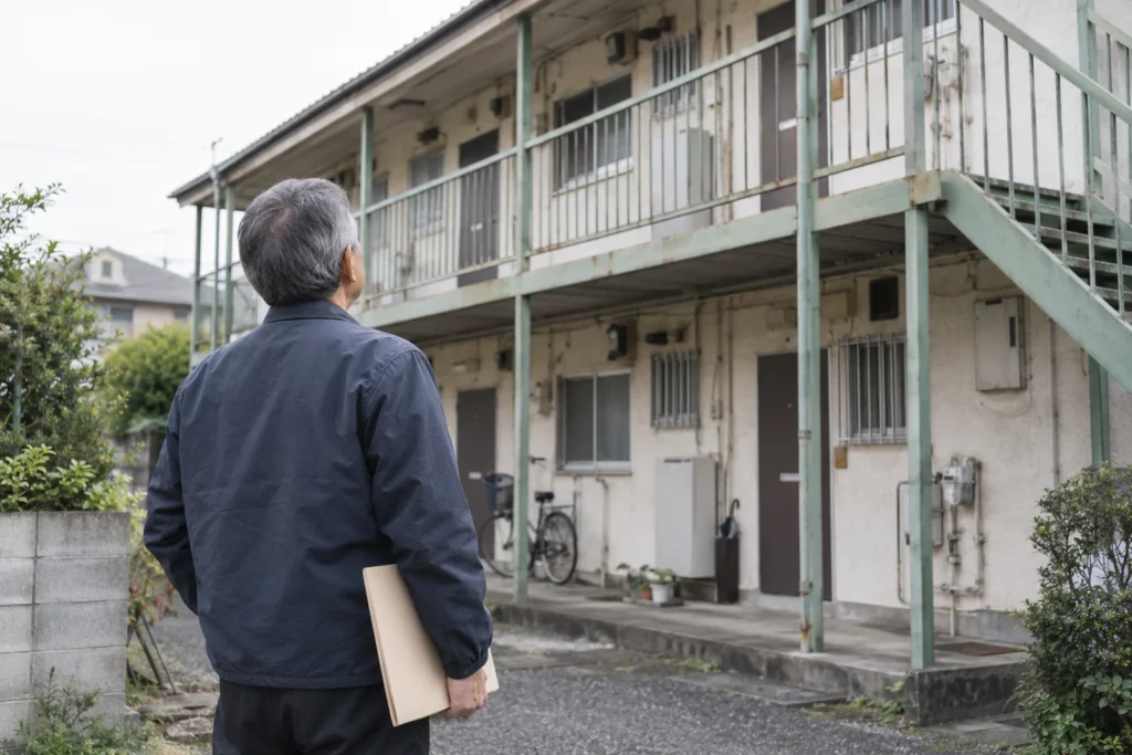 中古アパートの資料を見ながら建物を確かめる60代男性のイメージ